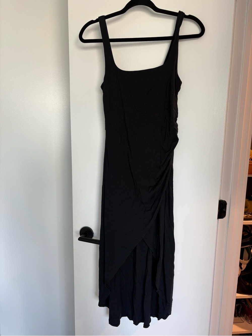 Wilfred Classic Black Ruched Hi Low Maxi Dress with Square Neck